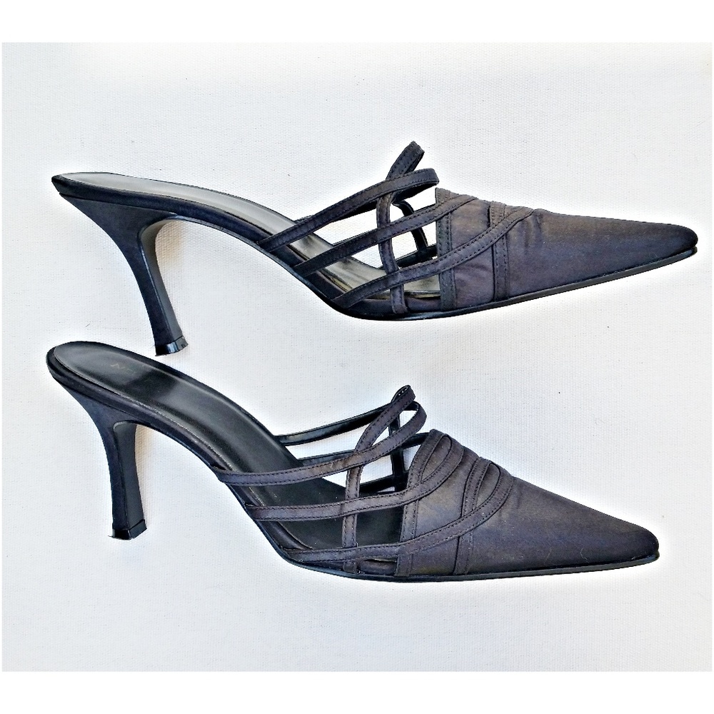 Elegant 90’s black satin evening mules. Strappy!